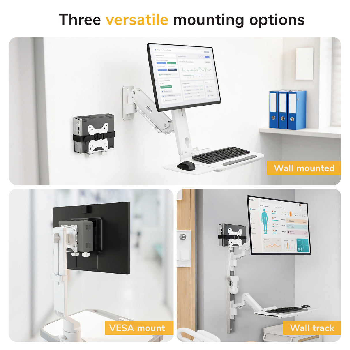 Image showing three mounting options for the Mount-It! MedHub Mini CPU Holder: wall mount (top), VESA mount (bottom left), and wall track (bottom right), each supporting a monitor and keyboard in modern workspaces.