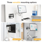 Image showing three mounting options for the Mount-It! MedHub Mini CPU Holder: wall mount (top), VESA mount (bottom left), and wall track (bottom right), each supporting a monitor and keyboard in modern workspaces.