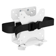The Mount-It! MedHub Mini CPU Holder is a white metal, width-adjustable mount with multiple screw holes and a black strap with plastic buckle, designed to securely hold mini CPUs in place—ideal for MedHub workstations.