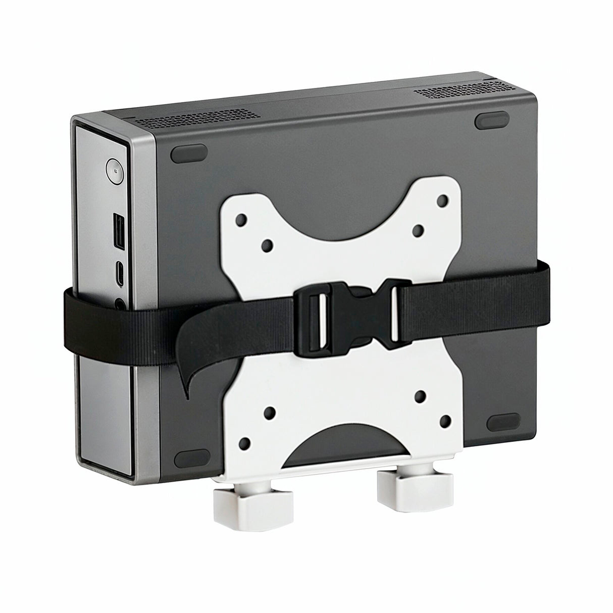 The Mount-It! MedHub Mini CPU Holder, featuring a width-adjustable mount and secure black strap with buckle, attaches a small rectangular computer to MedHub workstations, shown here against a plain white background.