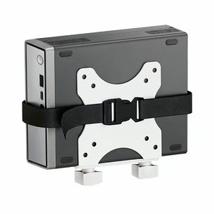 The Mount-It! MedHub Mini CPU Holder, featuring a width-adjustable mount and secure black strap with buckle, attaches a small rectangular computer to MedHub workstations, shown here against a plain white background.