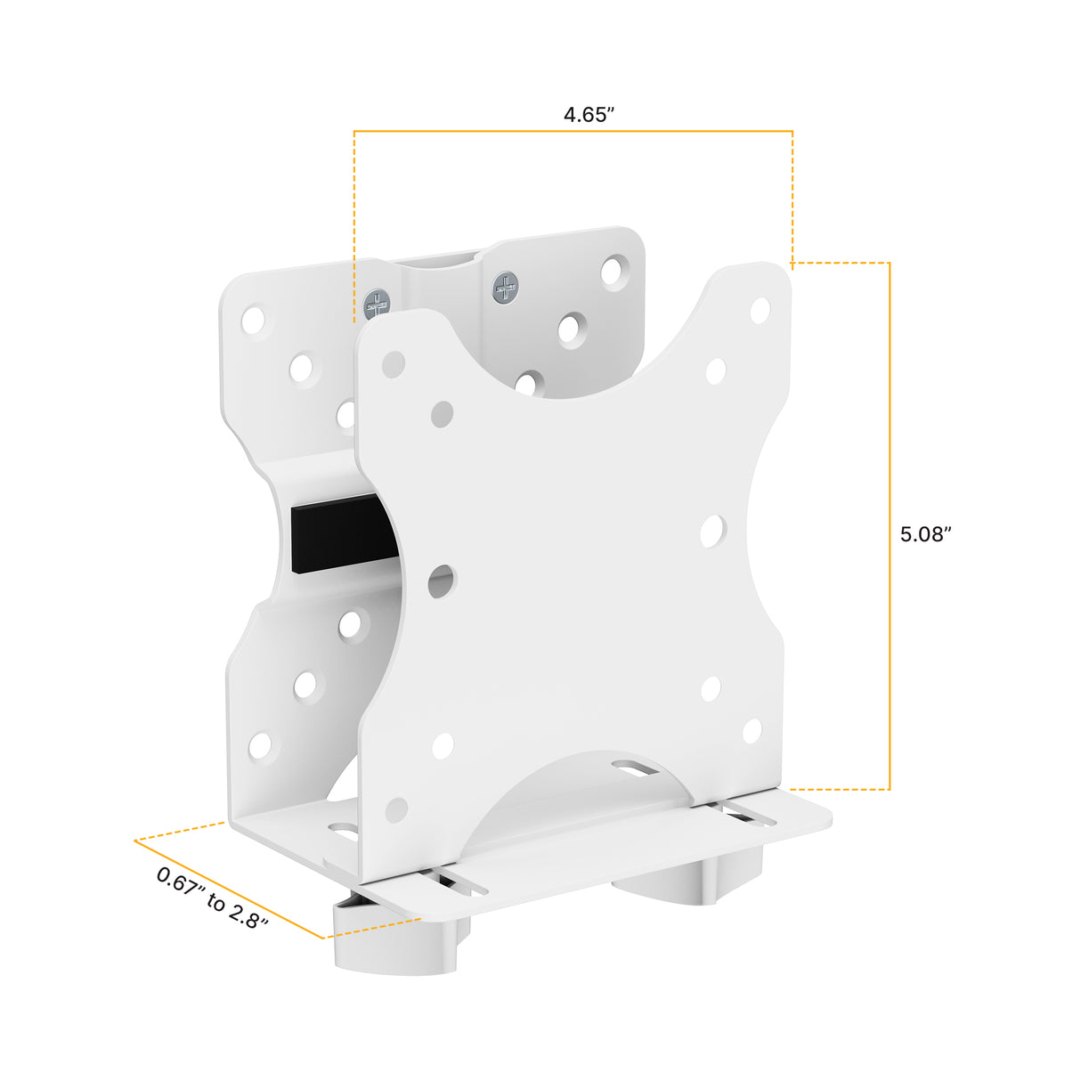 The Mount-It! MedHub Mini CPU Holder is a white metal adjustable mount for TVs or monitors, featuring multiple holes. Measures 4.65" wide, 5.08" tall, and base depth of 0.67–2.8". Ideal as a thin client mount against a white background.