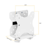 The Mount-It! MedHub Mini CPU Holder is a white metal adjustable mount for TVs or monitors, featuring multiple holes. Measures 4.65" wide, 5.08" tall, and base depth of 0.67–2.8". Ideal as a thin client mount against a white background.
