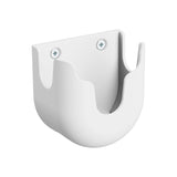 The Mount-It! MedHub Scanner Holder is a white wall-mounted bracket with two screws, featuring a U-shaped groove and curved surface—perfect for securing cylindrical devices in MedHub Mobile workstation setups.