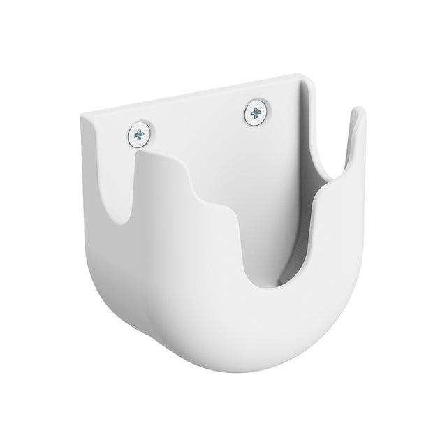 The Mount-It! MedHub Scanner Holder is a white wall-mounted bracket with two screws, featuring a U-shaped groove and curved surface—perfect for securing cylindrical devices in MedHub Mobile workstation setups.