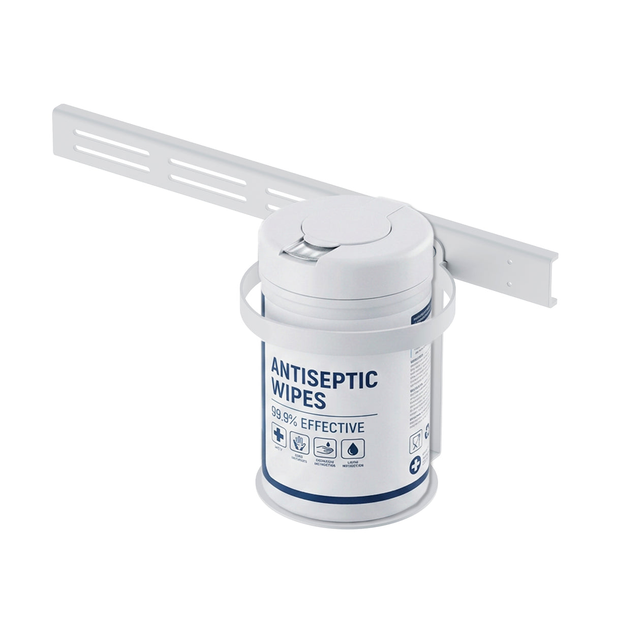 The MedHub Sanitizer Wipes Holder by Mount-It!, mounted on a mobile workstation rail, keeps 99.9% effective antiseptic wipes easily accessible and maximizes storage in healthcare or public spaces.