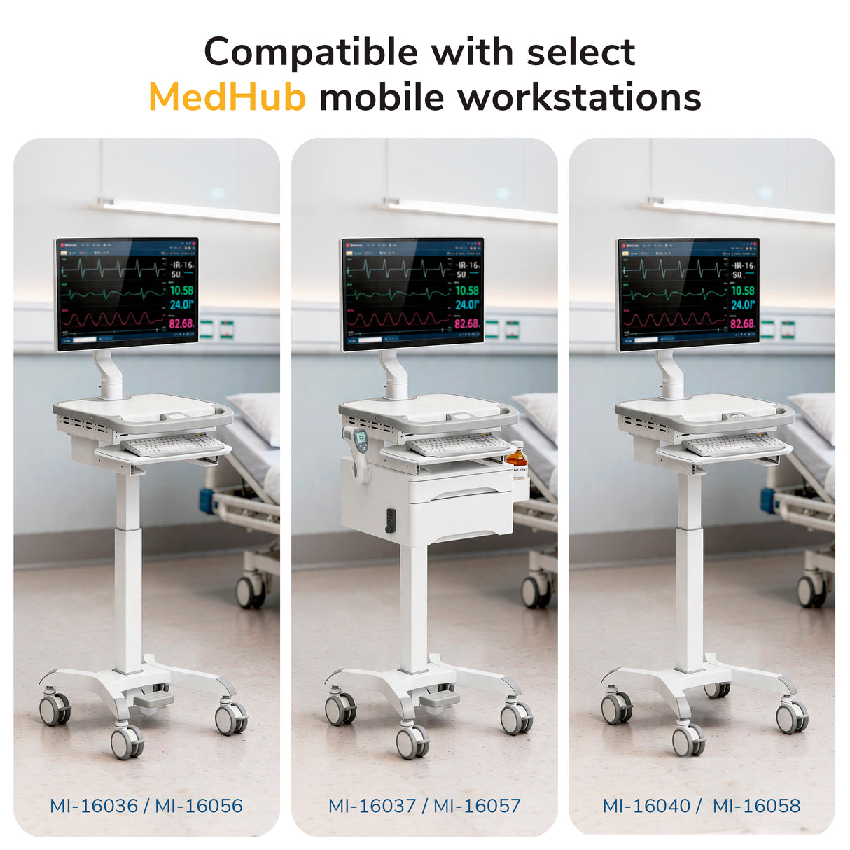 Three Mount-It! MedHub Printer Holder mobile workstations are shown in a hospital, each with a medical display and varied drawers, accessories, or printer shelf options. Model numbers are displayed below each unit.
