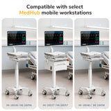 Three Mount-It! MedHub Printer Holder mobile workstations are shown in a hospital, each with a medical display and varied drawers, accessories, or printer shelf options. Model numbers are displayed below each unit.