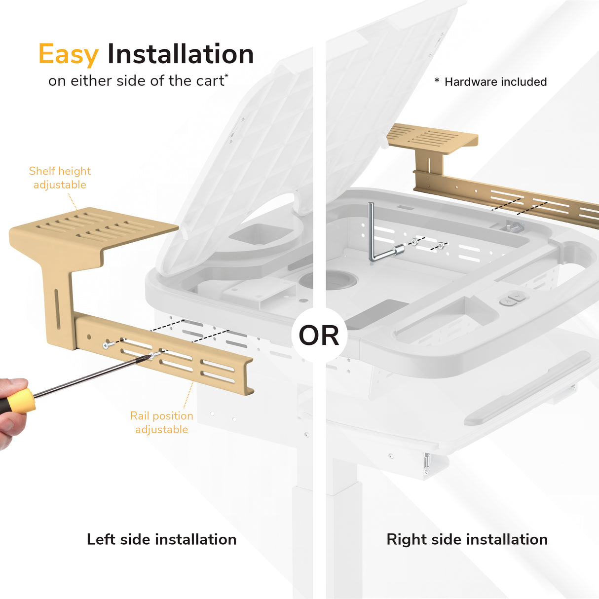 Split image shows a tan Mount-It! MedHub Printer Holder being installed on both sides of a MedHub mobile workstation cart. Labels highlight adjustable shelf height and rail position. A hand with a screwdriver adjusts the left side. Text reads Easy Installation.