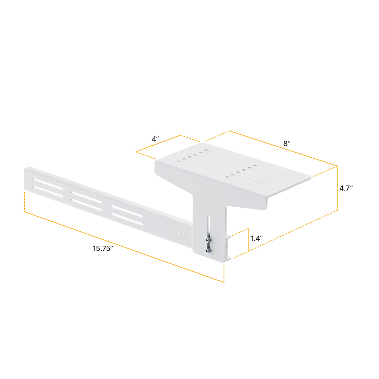 The Mount-It! MedHub Printer Holder is a white metal wall-mounted shelf with a perforated surface (8" W x 4.7" H x 1.4" T, 15.75" side arm, 4" front lip)—perfect for organizing your mobile workstation setup.