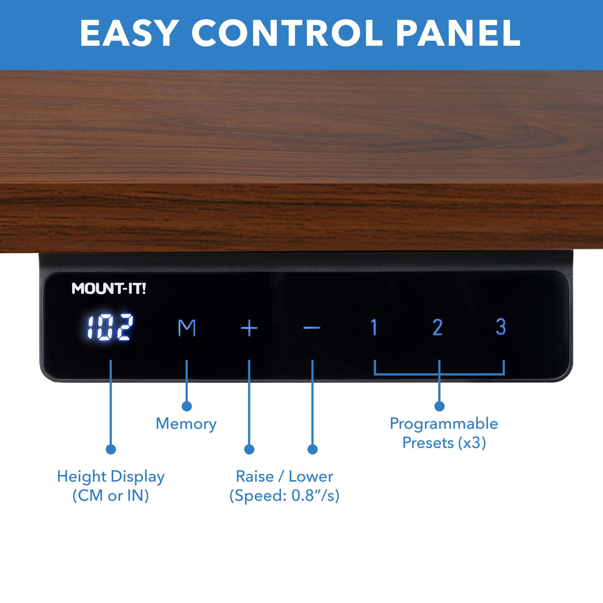 Close-up of the easy-to-use control panel for the Electric Standing Desk with 55" Tabletop - White Base by Mount-It!, showing a digital height display in centimeters or inches, memory button, raise and lower buttons with adjustable speed, and three programmable preset buttons for customized sitting and standing heights.