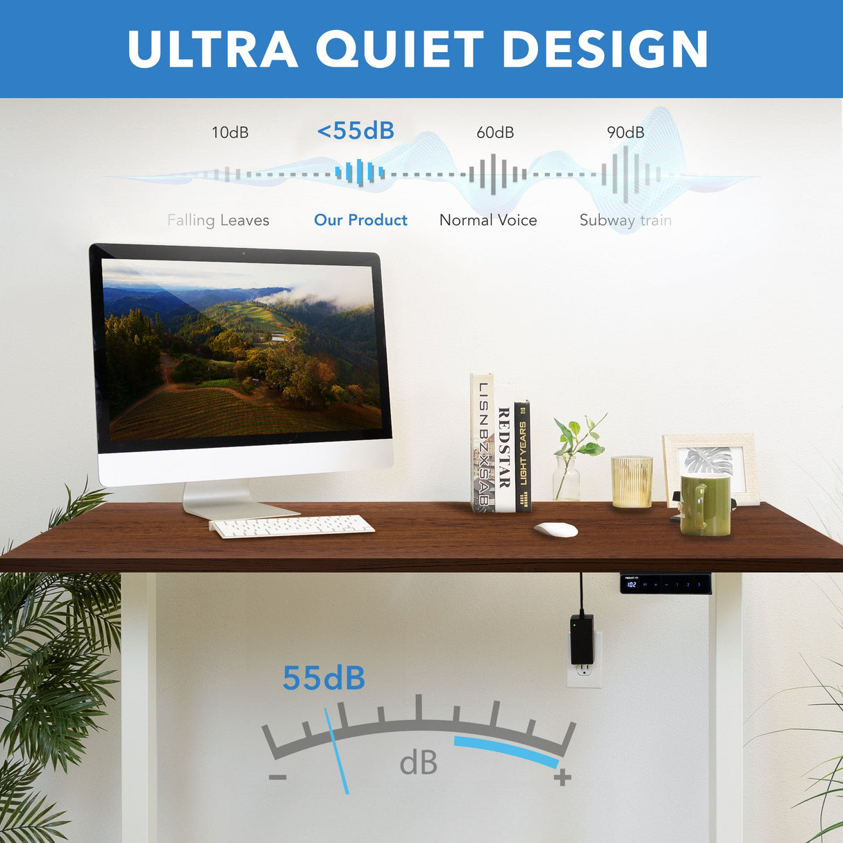 Electric Standing Desk with 55" Tabletop and white base shown with a computer, books, and decor on top, highlighting its ultra quiet design operating below 55 decibels for a peaceful work environment ideal for home or office use with adjustable height settings.