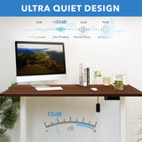 Electric Standing Desk with 55" Tabletop and white base shown with a computer, books, and decor on top, highlighting its ultra quiet design operating below 55 decibels for a peaceful work environment ideal for home or office use with adjustable height settings.
