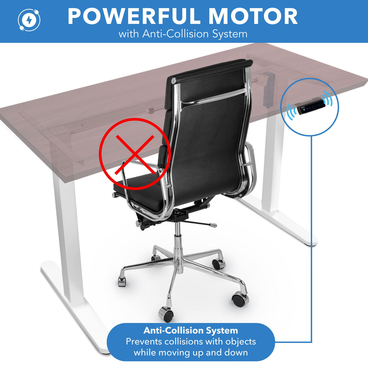 Image showing the Electric Standing Desk with 55" Tabletop and White Base featuring a powerful motor with an anti-collision system designed to prevent collisions with objects such as the office chair when adjusting height, highlighting safe and smooth operation between sitting and standing positions using the touch control panel.