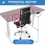 Image showing the Electric Standing Desk with 55" Tabletop and White Base featuring a powerful motor with an anti-collision system designed to prevent collisions with objects such as the office chair when adjusting height, highlighting safe and smooth operation between sitting and standing positions using the touch control panel.