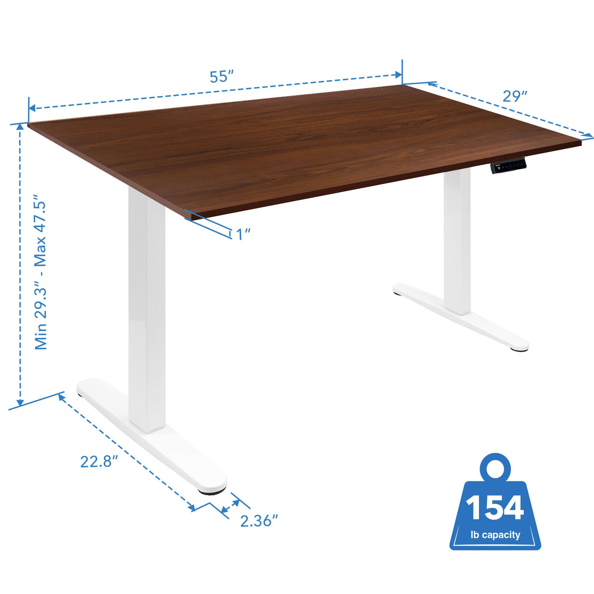 Electric Standing Desk with 55 inch walnut tabletop and white base, featuring adjustable height from 29.3 to 47.5 inches, widescreen dimensions of 55 by 29 inches, 1 inch thickness tabletop, and sturdy white metal legs providing stability with a weight capacity of 154 pounds, designed for ergonomic office and home use with easy height adjustment to promote healthy workspace habits.