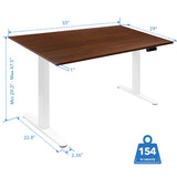 Electric Standing Desk with 55 inch walnut tabletop and white base, featuring adjustable height from 29.3 to 47.5 inches, widescreen dimensions of 55 by 29 inches, 1 inch thickness tabletop, and sturdy white metal legs providing stability with a weight capacity of 154 pounds, designed for ergonomic office and home use with easy height adjustment to promote healthy workspace habits.