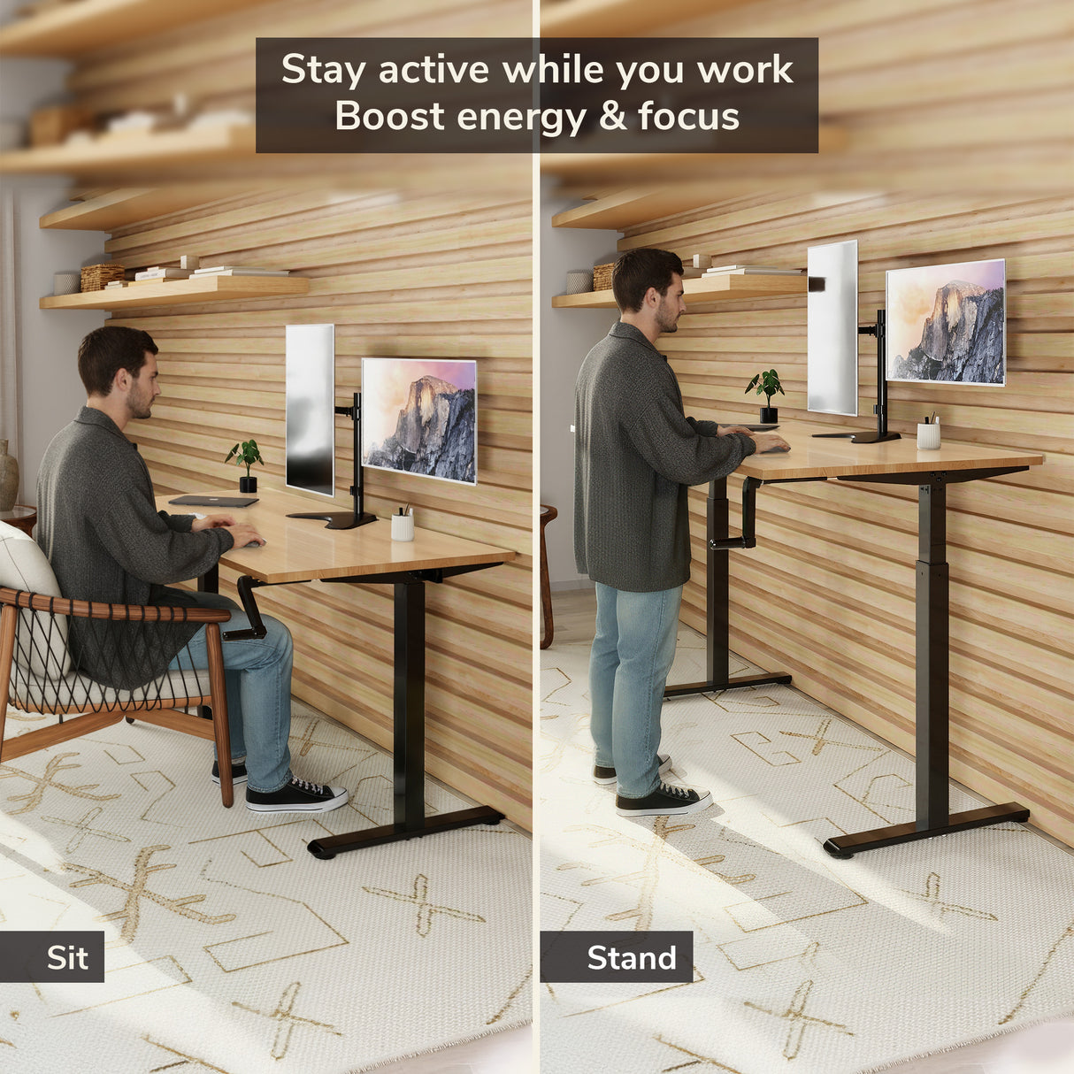 Hand Crank Standing Desk with 55" Tabletop - Black Base