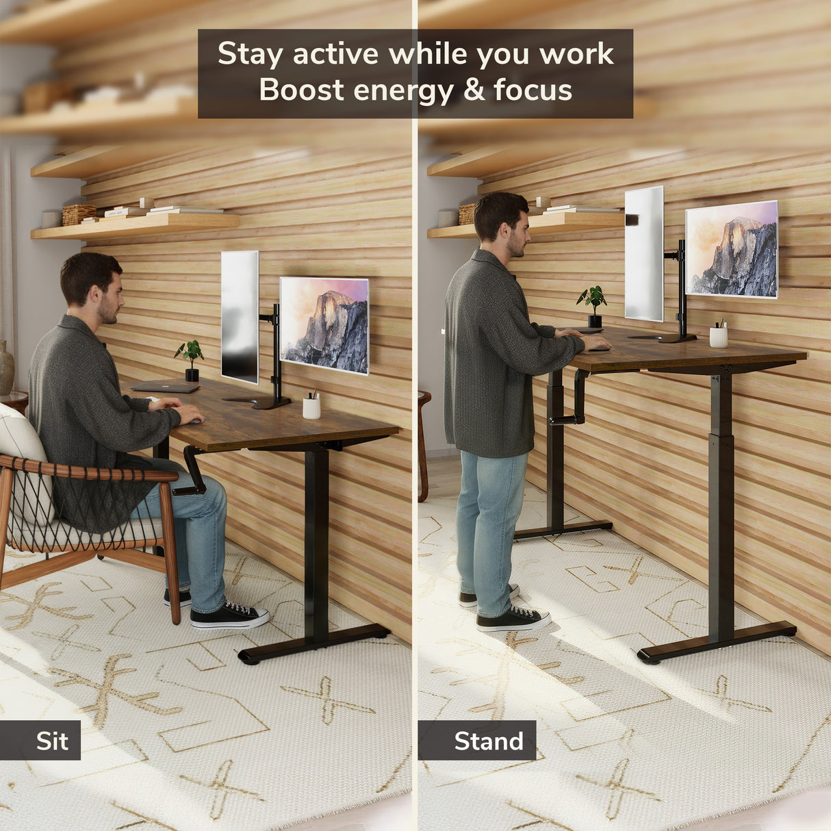 Hand Crank Standing Desk with 55" Tabletop - Black Base