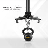 A Heavy-Duty Universal Ceiling Projector by Mount-It! is securely mounted. Text on the image reads, Supports up to 99 lbs. Durable steel construction. The background is light and minimalistic.