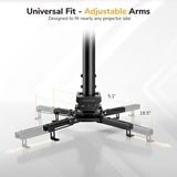 The Mount-It! Heavy-Duty Universal Ceiling Projector mount, shown in black with adjustable arms extending 5.1–18.5 inches, fits nearly any projector size. Text: Universal Fit – Adjustable Arms.
