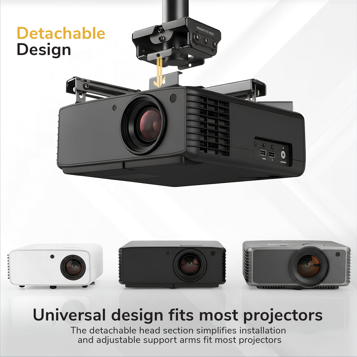 The Mount-It! Heavy-Duty Universal Ceiling Projector mount features a detachable head design and is shown in white, black, and gray to highlight compatibility. Text reads, “Detachable Design” and “Universal design fits most projectors.”.
