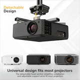 The Mount-It! Heavy-Duty Universal Ceiling Projector mount features a detachable head design and is shown in white, black, and gray to highlight compatibility. Text reads, “Detachable Design” and “Universal design fits most projectors.”.