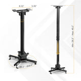 Two views of the Mount-It! Heavy Duty Projector Ceiling Mount with labeled dimensions: base width 8.31", top plate 3.35", height adjustable from 29.3"–45.1", and arm span Ø5.1"–Ø18.5"; ideal for secure ceiling projector mounting.