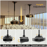 The Mount-It! Heavy Duty Projector Ceiling Mount in a modern conference room offers adjustable height (45"–29.3") and roll (±8°), pitch (±20°), and swivel (±180°) adjustments, with diagrams illustrating each function.