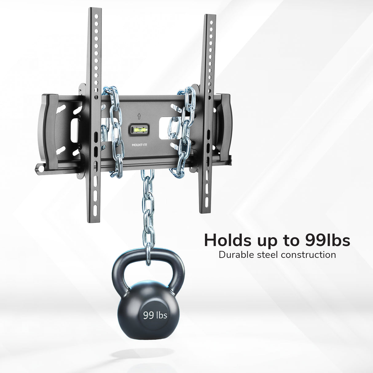 A Locking Anti-Theft TV Wall Mount by Mount-It! holds a 99-pound kettlebell, showcasing its strength. Text on the right: Holds up to 99 lbs. Durable steel construction. Compatible with VESA 400x400.