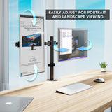 The Mount-It! Full Motion Dual Monitor Desk Mount fits 32" monitors and lets you easily switch between portrait and landscape positions—an ergonomic solution for your workspace.