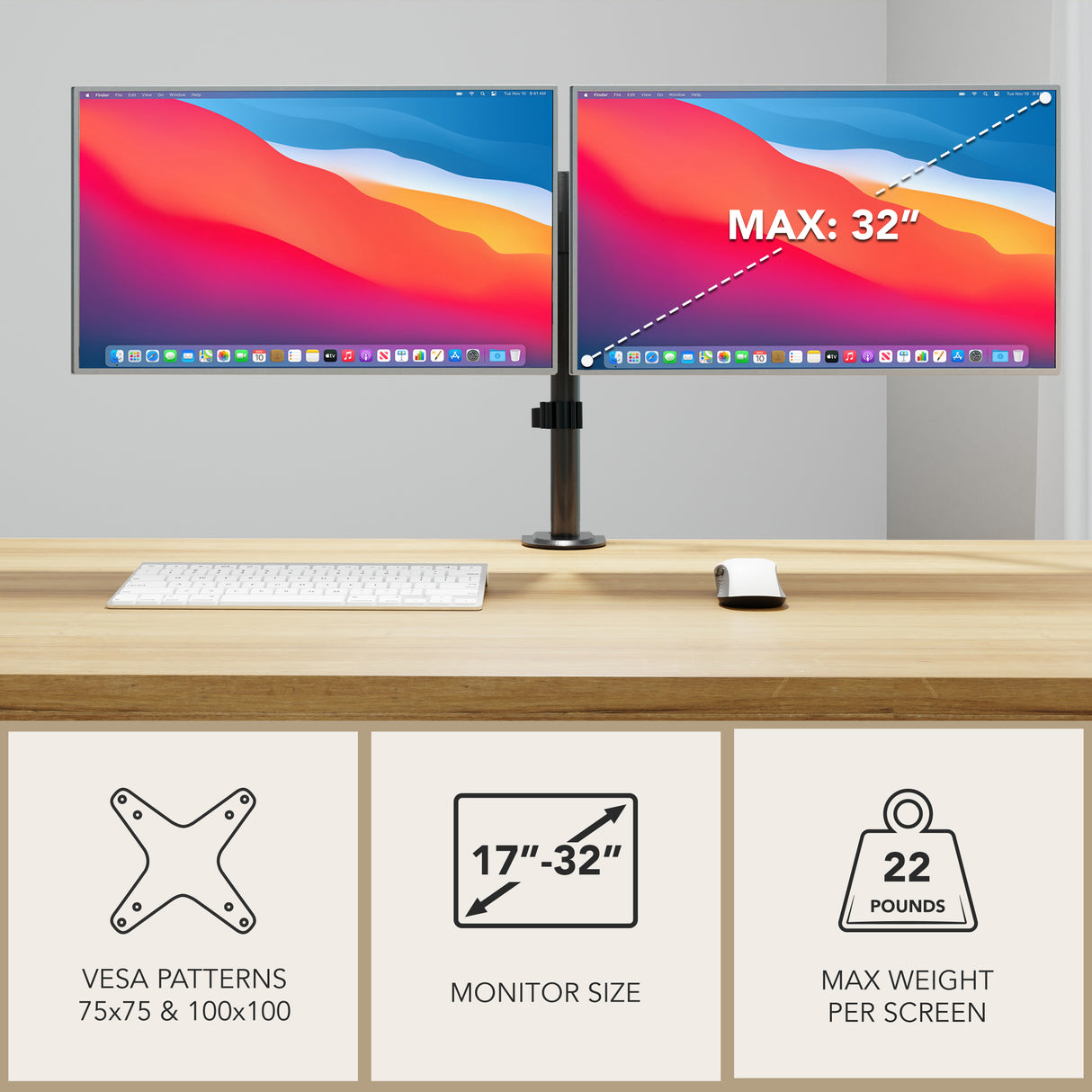The Mount-It! Full Motion Dual Monitor Desk Mount holds two monitors up to 32" (22 lbs each), supports VESA 75x75 & 100x100, and elevates screens above your desk for an ergonomic workspace solution.
