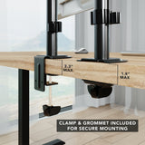 Close-up of the Mount-It! Full Motion Dual Monitor Desk Mount showing a clamp for desks up to 3.3" thick and a grommet for up to 1.8". This ergonomic, VESA-compatible solution supports two monitors for an optimized workspace.