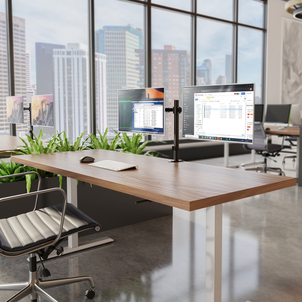A modern office with a wooden desk, dual monitors on the Mount-It! Full Motion Dual Monitor Desk Mount, plus a keyboard, mouse, chair, and green plants. Large windows showcase city skyscrapers and brighten the space with natural light.