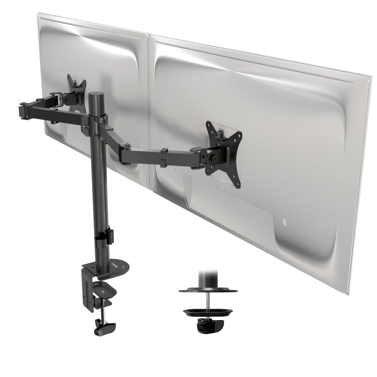 The Mount-It! Full Motion Dual Monitor Desk Mount supports two VESA-compatible monitors, features height-adjustable arms, attaches easily to the desk with a clamp, and allows smooth height and tilt adjustments for optimal viewing.