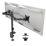 The Mount-It! Full Motion Dual Monitor Desk Mount supports two VESA-compatible monitors, features height-adjustable arms, attaches easily to the desk with a clamp, and allows smooth height and tilt adjustments for optimal viewing.