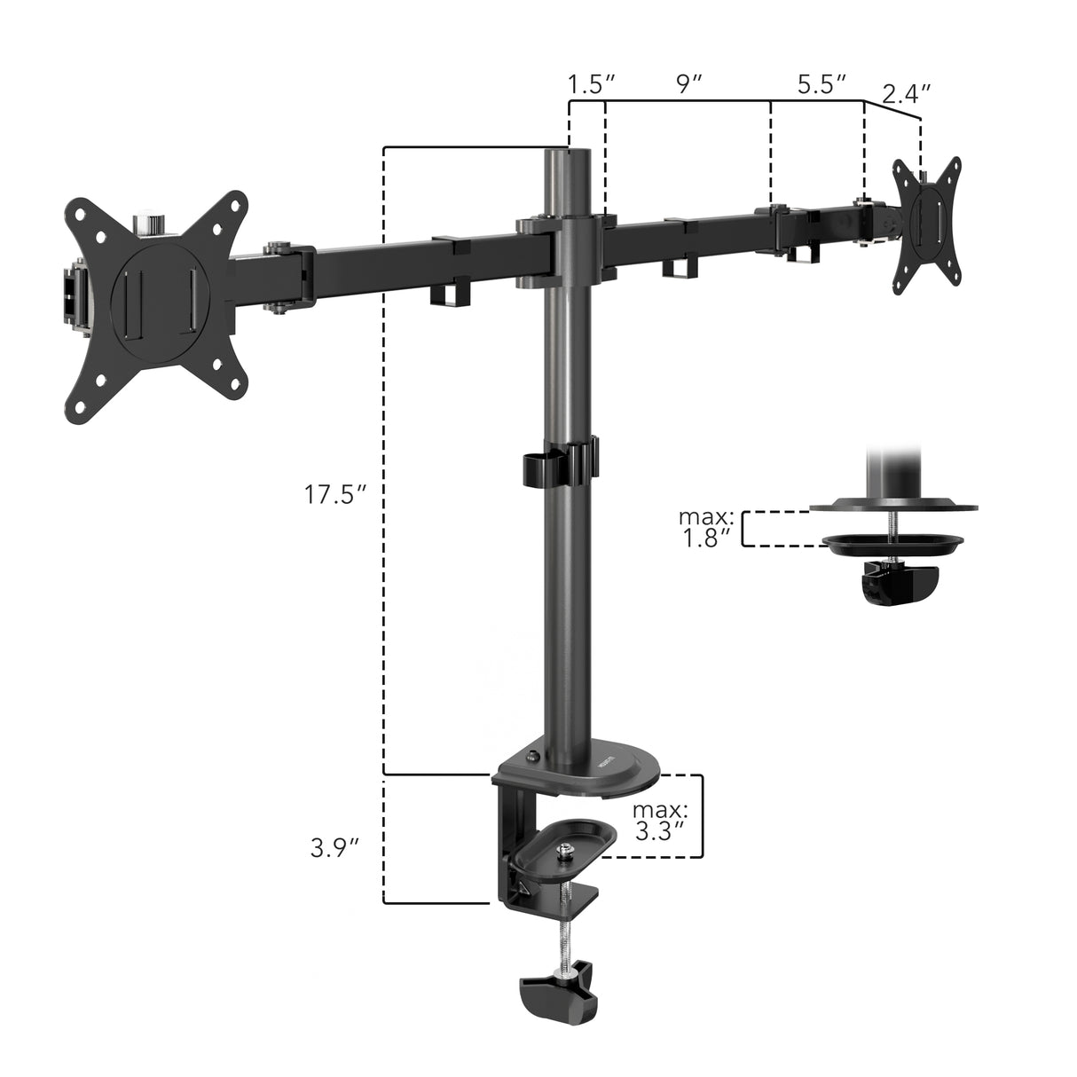 Mount-It! Full Motion Dual Monitor Desk Mount with adjustable arms for ergonomic setup; arm spans: 1.5", 9", 5.5", 2.4"; vertical height: 17.5"; base height: 3.9"; max clamp thickness: 1.8"; VESA up to clamp width of 3.3".