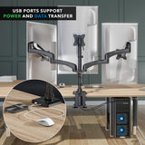 Triple Monitor Mount with Gas Spring Arms and USB Ports securely holding three monitors above a desk, showing cable management and USB connections for power and data transfer, highlighting ergonomic swivel and tilt adjustments and clamp installation on a wooden desk.
