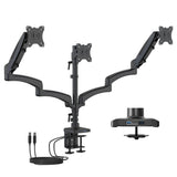 Triple Monitor Mount with Gas Spring Arms and USB Ports in black aluminum featuring three adjustable arms for monitors up to 32 inches, dual clamp and grommet installation options, integrated USB-A and USB-C ports for device charging, and gas spring mechanism for effortless height and angle adjustments designed for ergonomic workspace optimization.