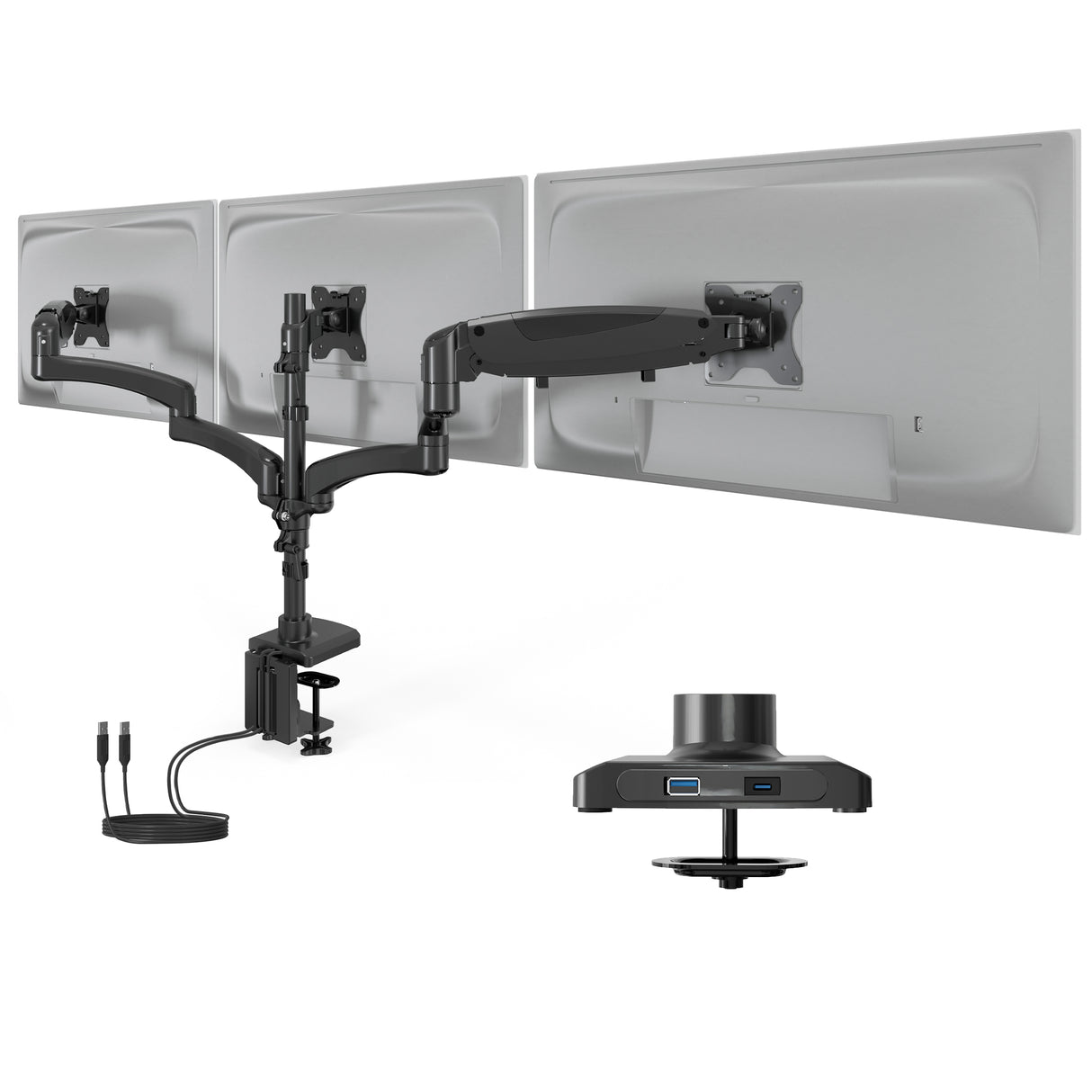 Triple Monitor Mount with Gas Spring Arms and USB Ports by Mount-It! shown holding three monitors, featuring adjustable gas spring arms for easy positioning, dual USB-A and USB-C ports integrated into the mount, dual clamp and grommet installation options, sleek black aluminum construction designed to support up to 32-inch screens and improve desk space and ergonomic comfort.