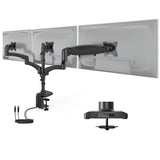 Triple Monitor Mount with Gas Spring Arms and USB Ports by Mount-It! shown holding three monitors, featuring adjustable gas spring arms for easy positioning, dual USB-A and USB-C ports integrated into the mount, dual clamp and grommet installation options, sleek black aluminum construction designed to support up to 32-inch screens and improve desk space and ergonomic comfort.