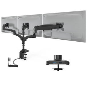 Triple Monitor Mount with Gas Spring Arms and USB Ports by Mount-It! shown holding three monitors, featuring adjustable gas spring arms for easy positioning, dual USB-A and USB-C ports integrated into the mount, dual clamp and grommet installation options, sleek black aluminum construction designed to support up to 32-inch screens and improve desk space and ergonomic comfort.