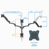 Technical diagram of the Triple Monitor Mount with Gas Spring Arms and USB Ports showing adjustable arm lengths, maximum height, total wingspan of 63 inches, clamp installation max thickness, and compatible VESA mounting patterns 75x75 and 100x100 millimeters, designed to hold three monitors with flexible positioning for ergonomic workspace optimization.