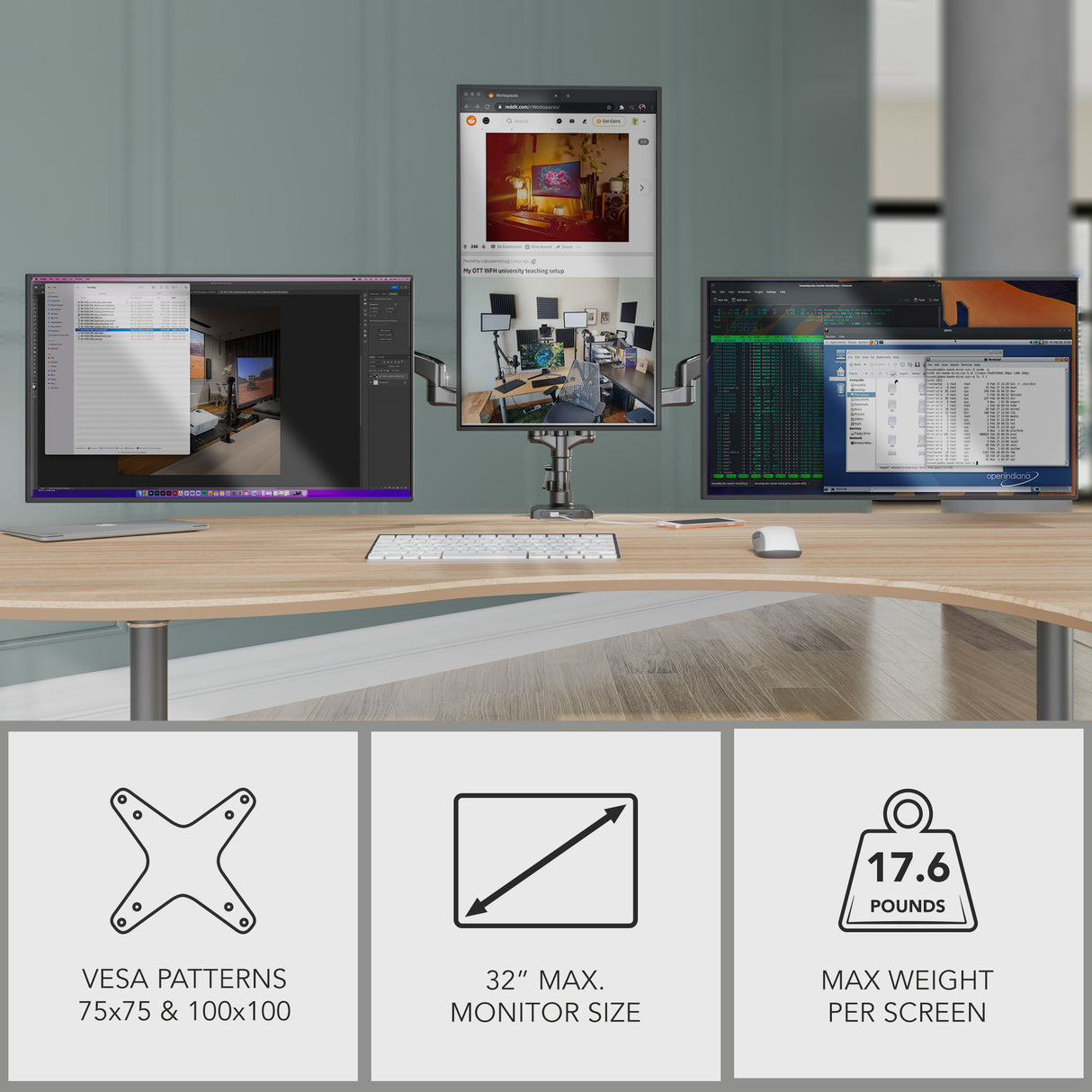 Triple Monitor Mount with Gas Spring Arms and USB Ports holding three screens on a desk, featuring adjustable swivel, tilt, and rotation for ergonomic use, designed for monitors up to 32 inches and 17.6 pounds each, with a sleek aluminum build and integrated USB-A and USB-C ports for charging and connectivity.