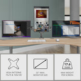 Triple Monitor Mount with Gas Spring Arms and USB Ports holding three screens on a desk, featuring adjustable swivel, tilt, and rotation for ergonomic use, designed for monitors up to 32 inches and 17.6 pounds each, with a sleek aluminum build and integrated USB-A and USB-C ports for charging and connectivity.