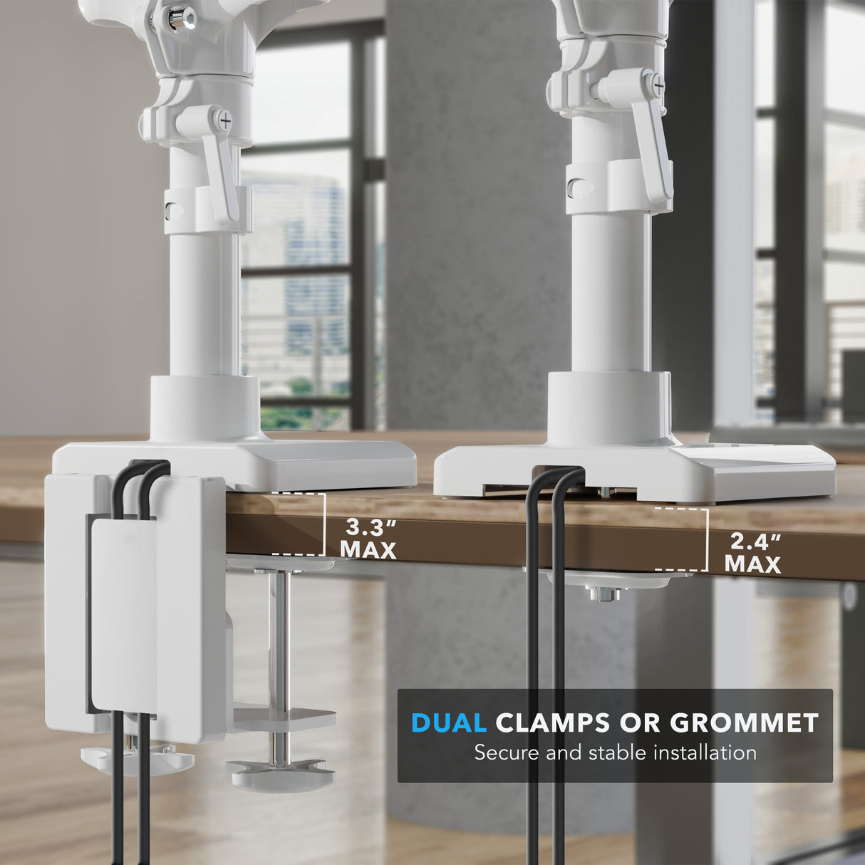 Close-up view of dual clamps and grommet installation options securing the Triple Monitor Mount with Gas Spring Arms and USB Ports to a desk edge, demonstrating maximum thickness limits for stable and secure setup with cable management through slots on a wooden surface in a modern office environment.