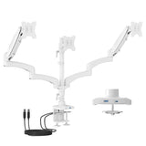 White Triple Monitor Mount with Gas Spring Arms and integrated USB-A and USB-C ports shown with dual clamp and grommet installation options, designed to hold three monitors up to 32 inches and 17.6 pounds each, featuring ergonomic swivel, tilt, and rotation adjustments for optimal workspace setup and productivity enhancement.