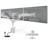 Triple Monitor Mount with Gas Spring Arms and USB Ports shown holding three monitors off the desk with adjustable arms for swivel, tilt, and rotation. The mount is clamped to the desk and features integrated USB-A and USB-C ports for charging and connectivity. The aluminum design supports monitors up to 32 inches and 17.6 pounds each, enhancing workspace ergonomics and organization.