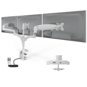 Triple Monitor Mount with Gas Spring Arms and USB Ports shown holding three monitors off the desk with adjustable arms for swivel, tilt, and rotation. The mount is clamped to the desk and features integrated USB-A and USB-C ports for charging and connectivity. The aluminum design supports monitors up to 32 inches and 17.6 pounds each, enhancing workspace ergonomics and organization.