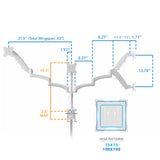 Diagram of the Triple Monitor Mount with Gas Spring Arms and USB Ports showing key dimensions including 31.5 inches wing span per side totaling 63 inches, arm lengths of 8.27 inches and 13.78 inches, maximum clamp thickness of 3.3 inches, and compatibility with VESA mounting patterns 75x75 and 100x100, illustrating ergonomic adjustability and desk clamp installation.